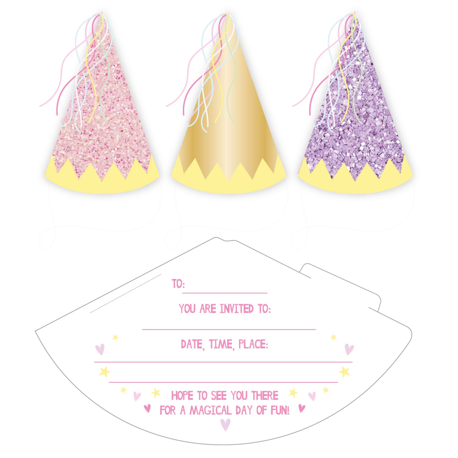 Fairy Princess cone hat invitations pack of 6 with envelopes
