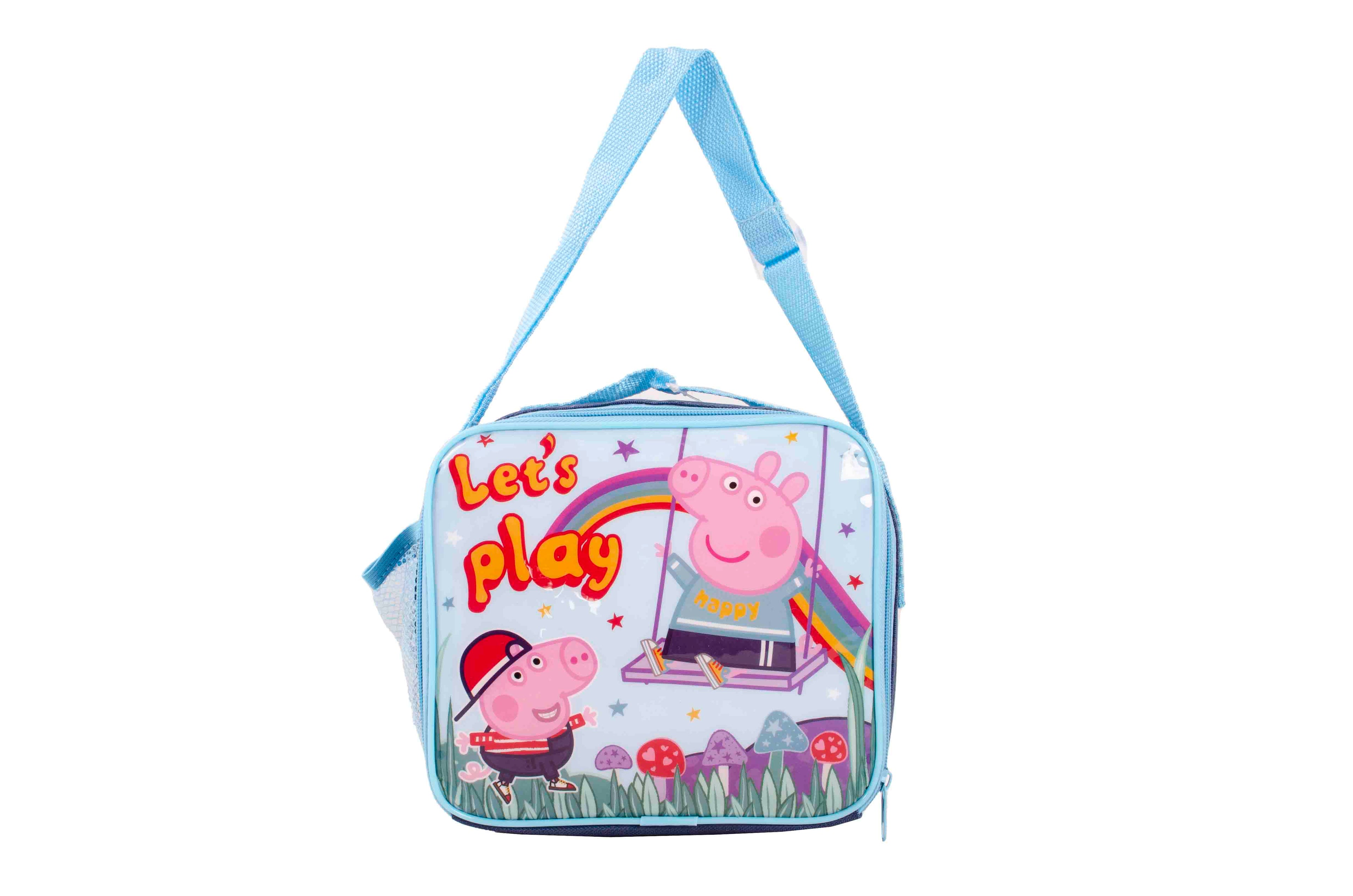 Peppa Pig Let's Play insulated lunch bag in blue with shoulder strap, mesh side pocket, and colourful Peppa and George design.
