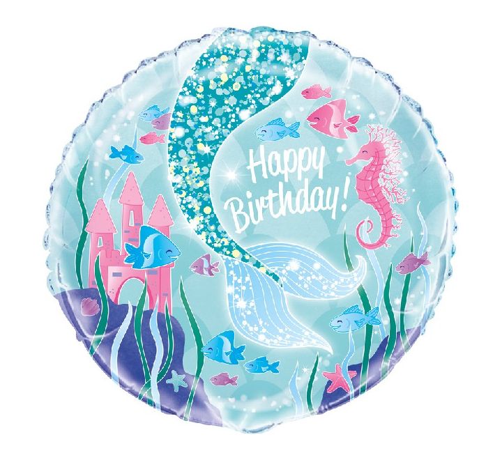 Mermaid Happy Birthday foil balloon with sparkling tail and fish