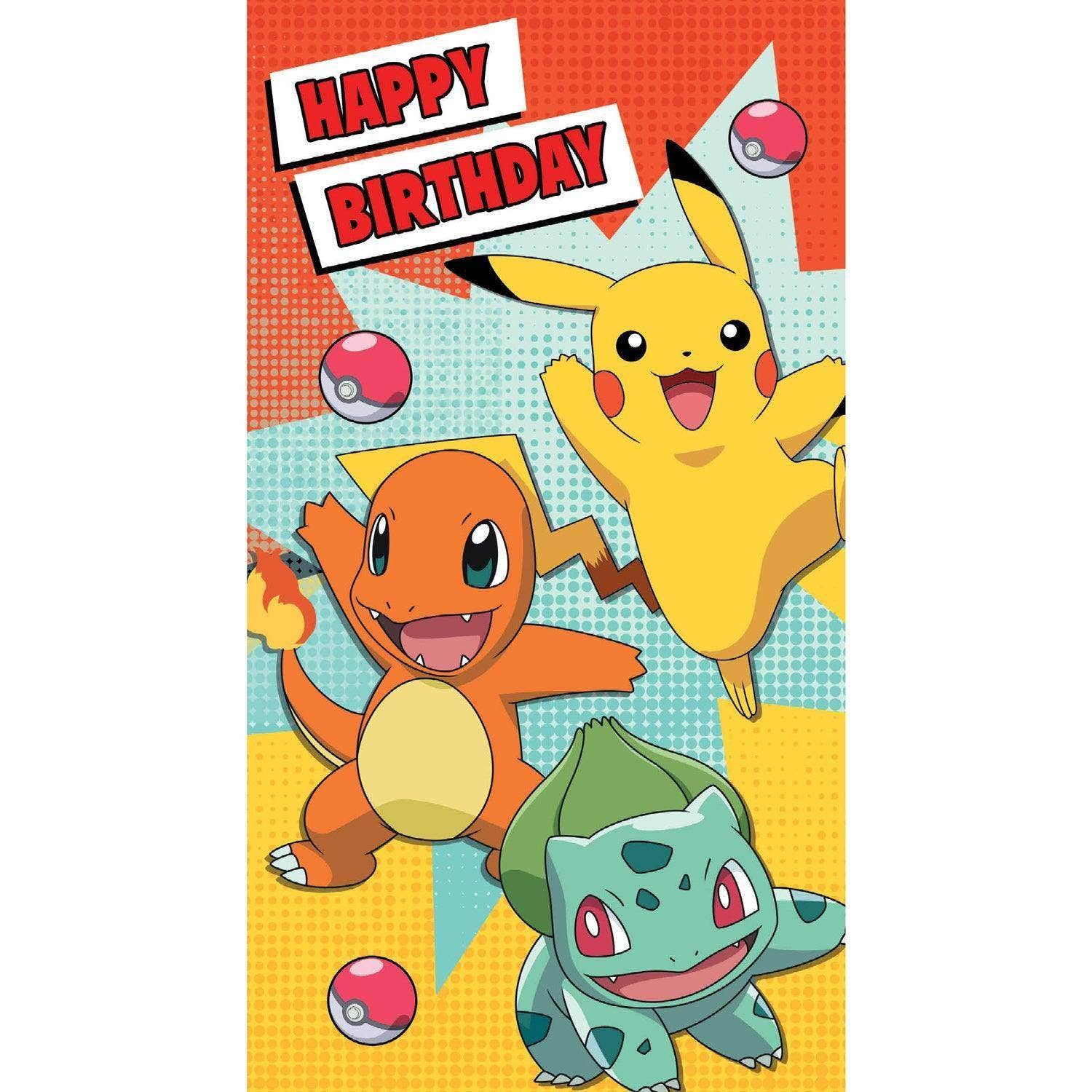 Pokémon “Happy Birthday” Greeting Card – Official Design Featuring Pikachu, Charmander &amp; Bulbasaur